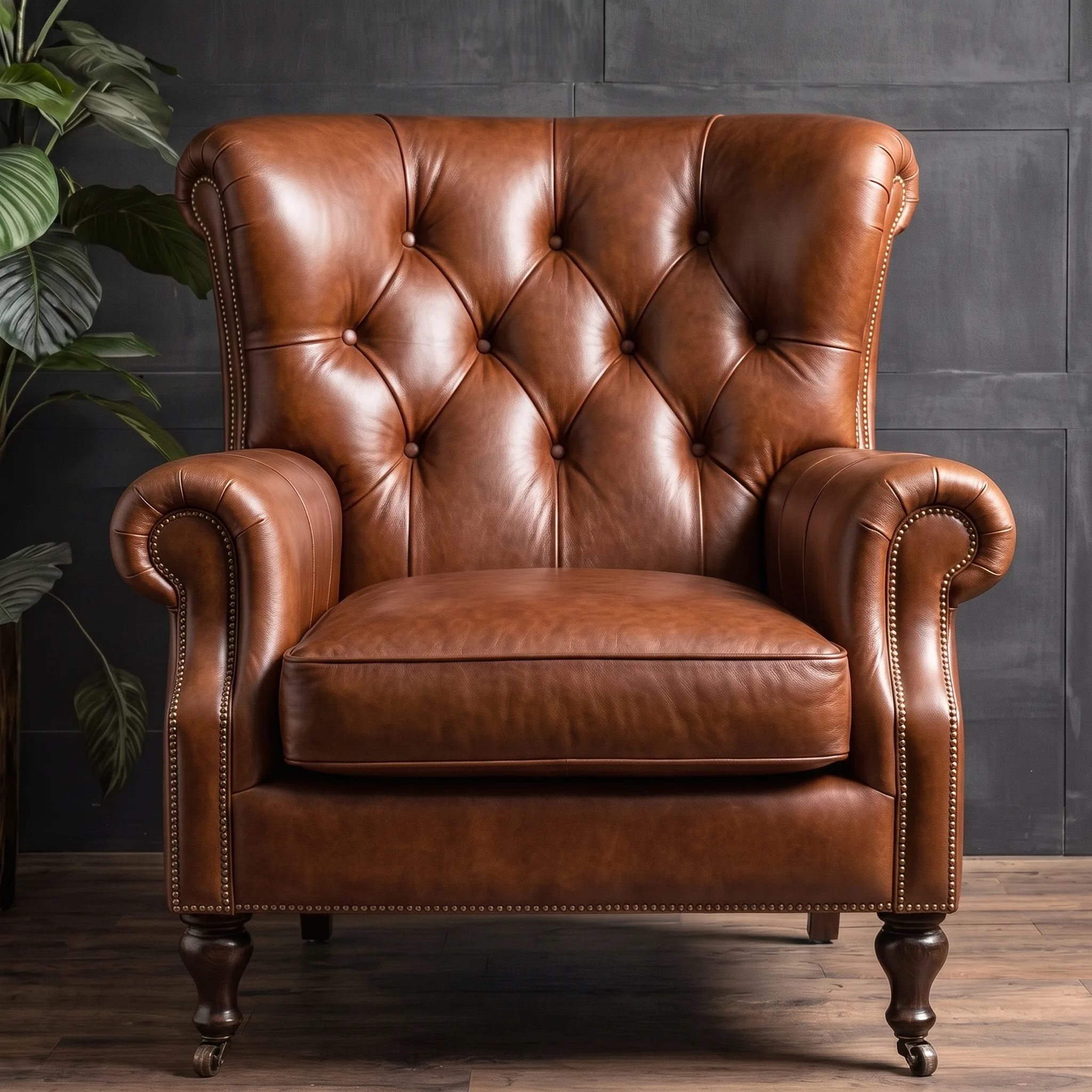 Chestnut leather wing chair after recolour and conditioning